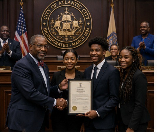 Vanguard students receiving an official Resolution from the City of Atlantic City