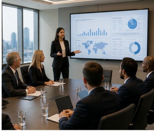 Vanguard student presenting to executives and CEOs in a boardroom