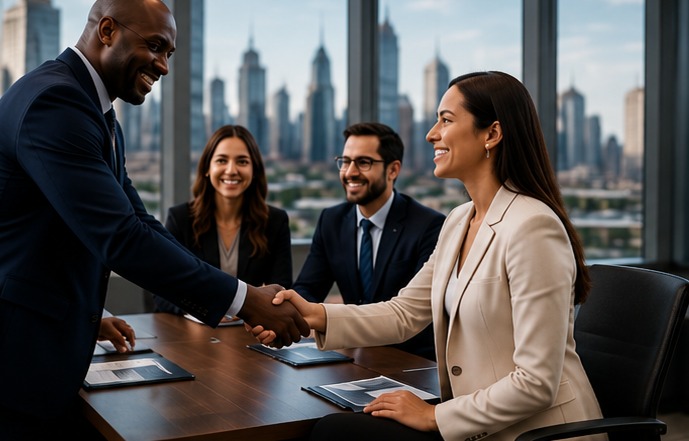 Corporate partners shaking hands in a boardroom